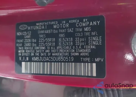 2013 Hyundai Tucson Limited from USA, damaged, VIN KM8JU3AC5DU650519